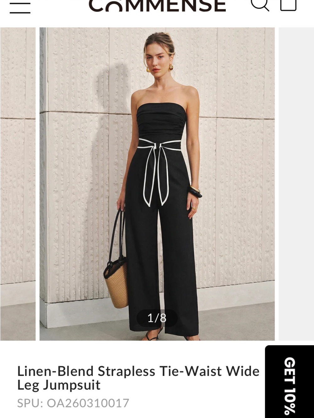 Commense Black Strapless Tie-Waist Wide Leg Jumpsuit with White Trim